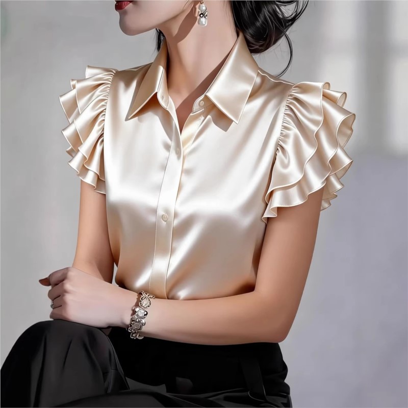 Silk Blouse Button - Blusa Casual con Volantes y Manga