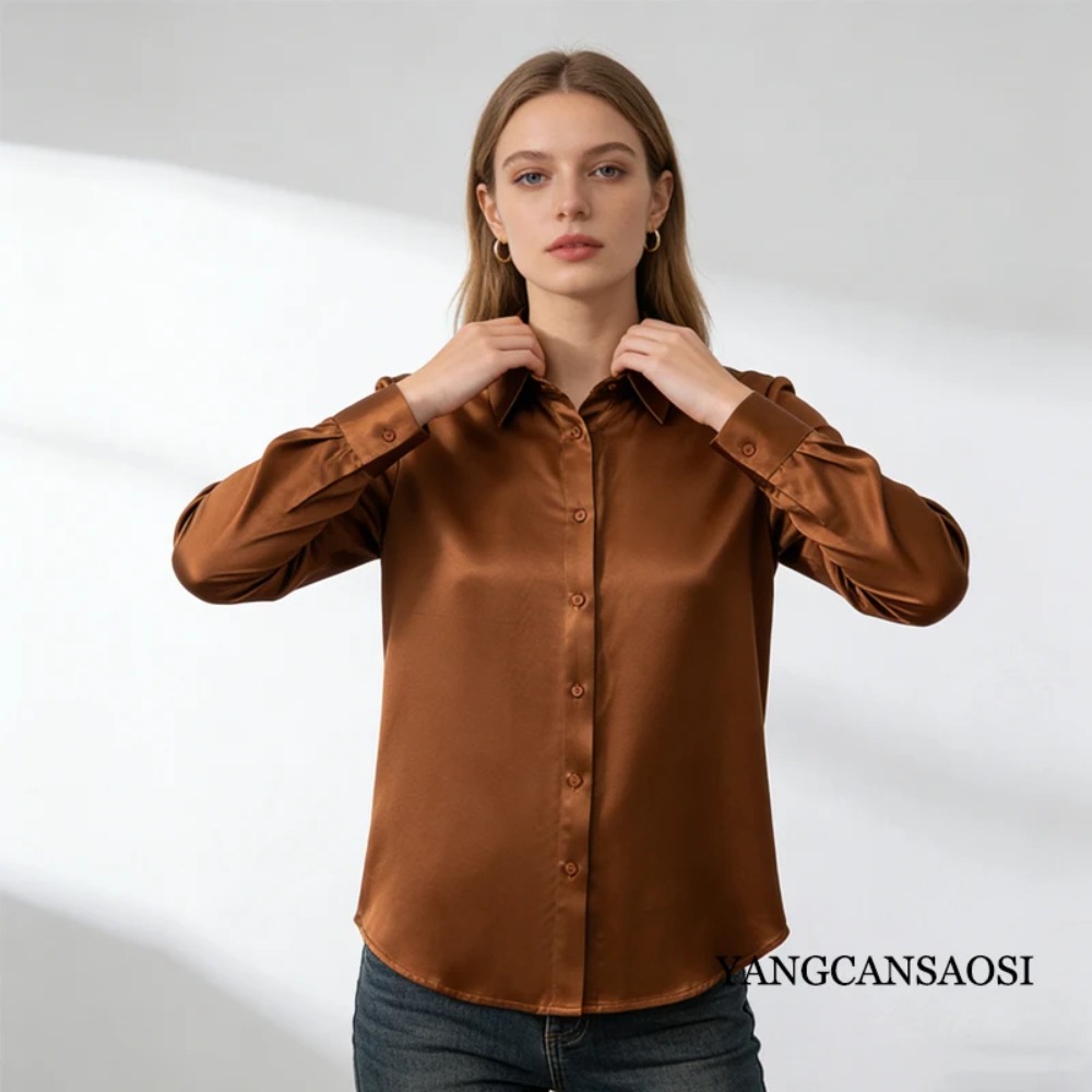 Camisa de manga larga con cuel - Silk Blouse Button reseña y precio